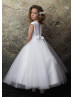 Pearls Neck White Satin Glitter Tulle Flower Girl Dress